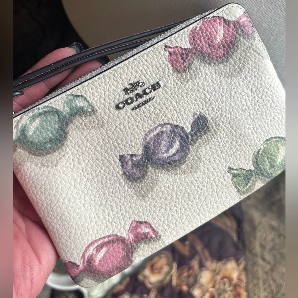 Authentic Coach 3D Candy Print leather zip wristlet w candy charm clip